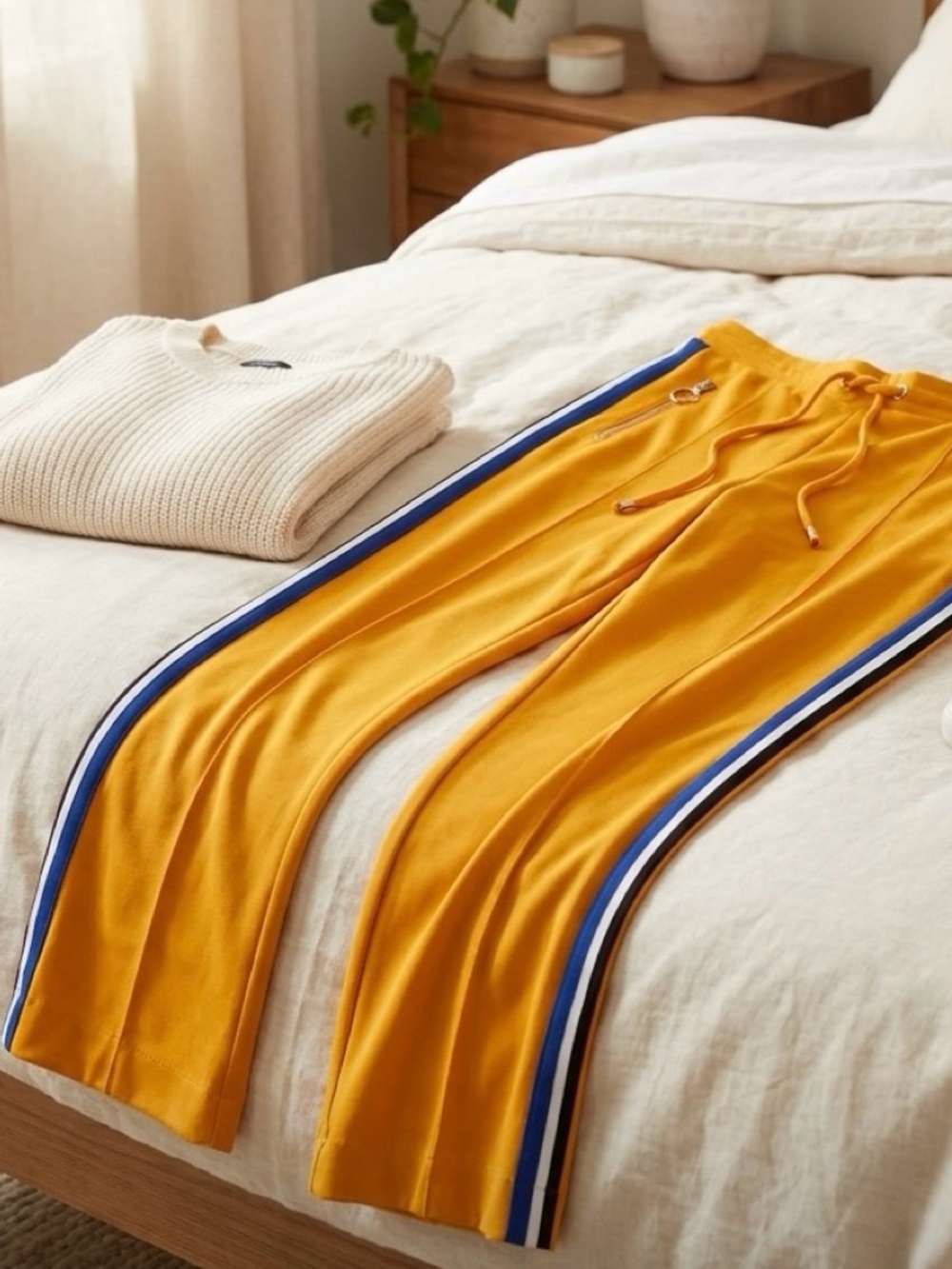 Boom Boom Jeans Mustard Track Pants with Blue & White Side Stripes
